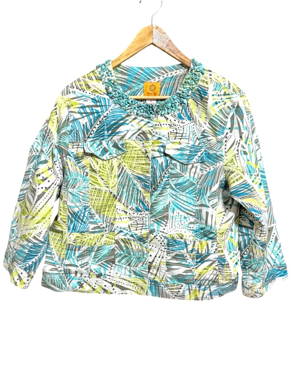 Ruby Rd. leaf-print jacket w/turquoise colored beads on collar Women’s 12 | c
